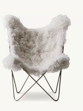 RH Arctic White Mink Faux Fur Butterfly Chair with Brass/Gold Frame